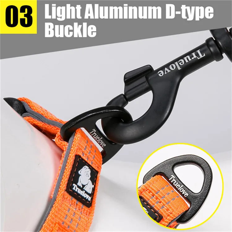 Orange dog harness with lightweight aluminum D-type buckle and black metal clasp