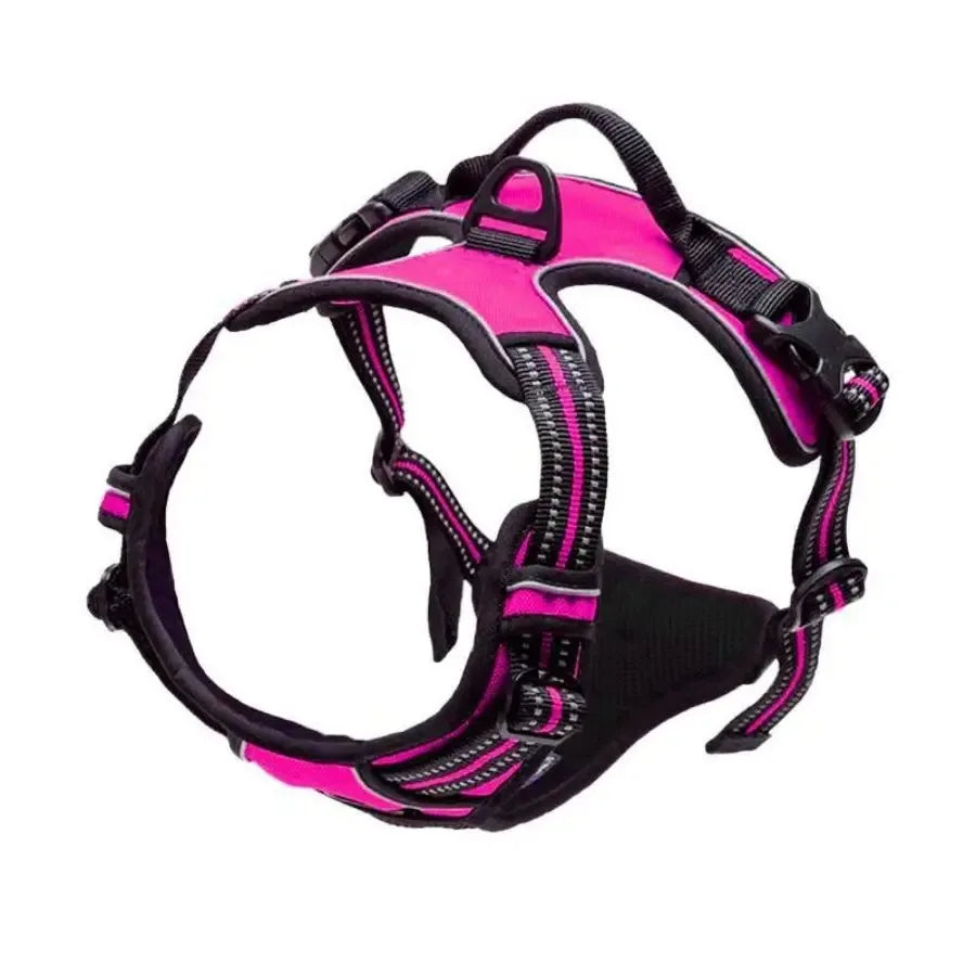 Pink and black adjustable dog harness with reflective stitching for walking