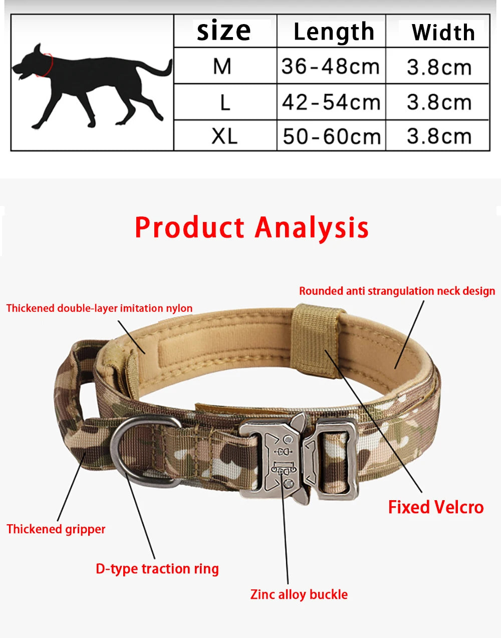 Camouflage padded dog collar with zinc alloy buckle, D-ring, Velcro, and nylon material, size chart above.