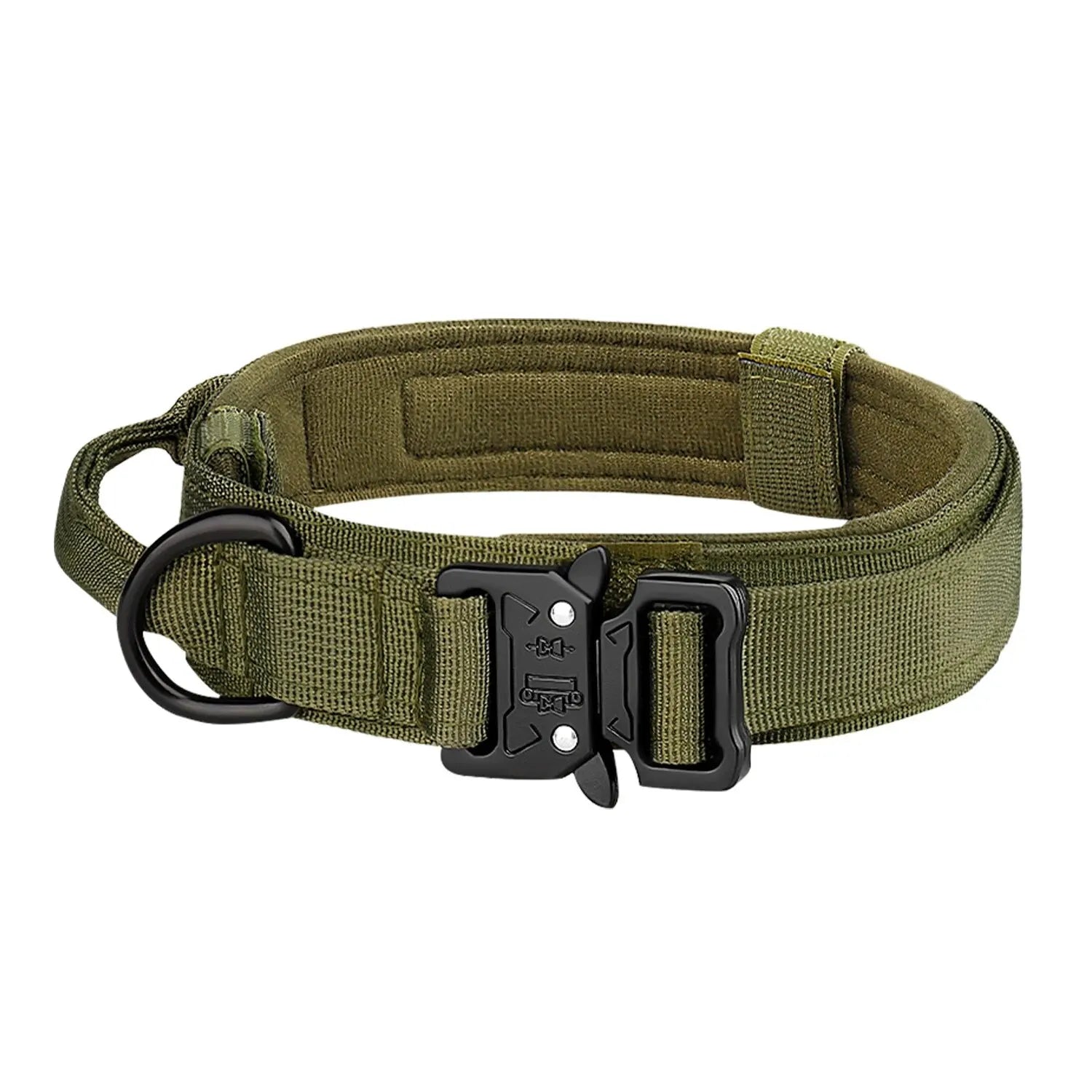Olive green tactical dog collar with sturdy metal buckle and padded lining
