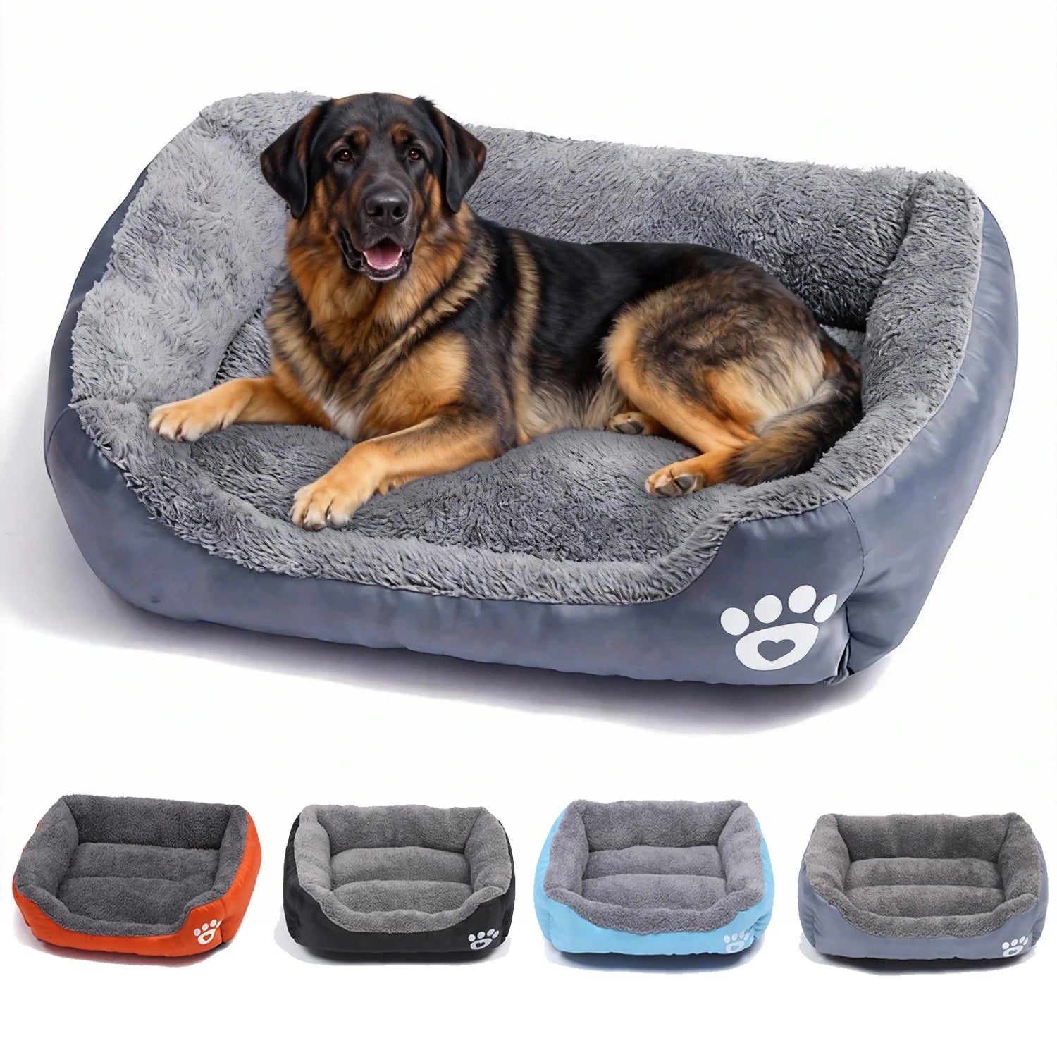 Large dog lying on gray orthopedic calming dog bed, four beds in different colors below.