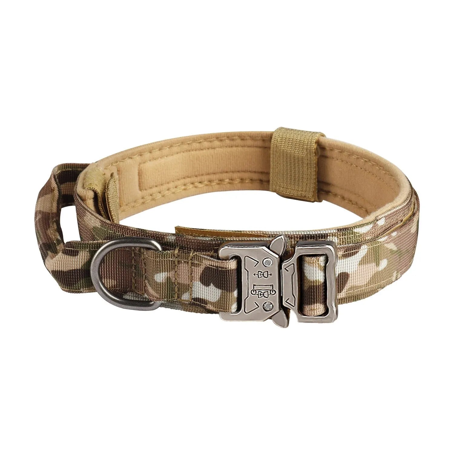 Camo padded dog collar with metal quick-release buckle and D-ring for leash attachment