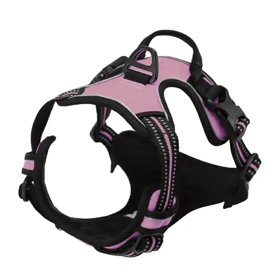 Adjustable pink and black dog harness with sturdy buckles and reflective trim