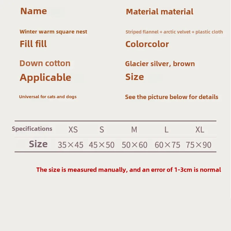 Pet bed size chart for cats and dogs, materials, colors, and size options XS to XL.