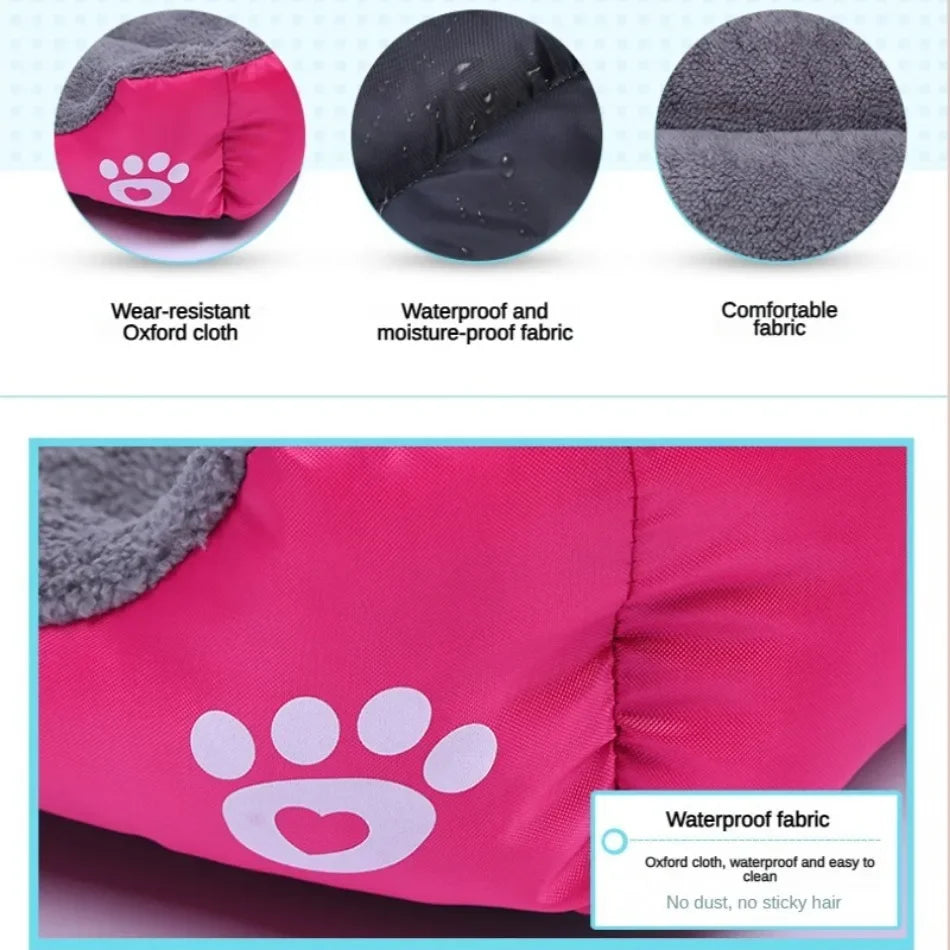 Pink dog bed with waterproof Oxford cloth, moisture-proof and soft, comfortable grey lining.