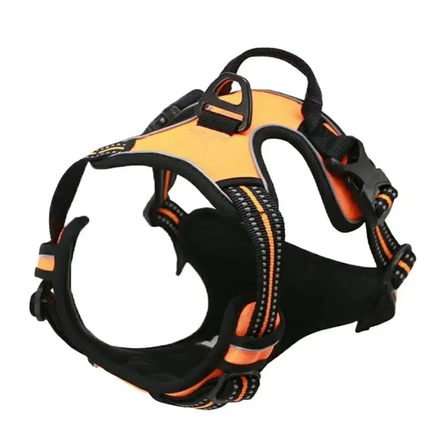 Orange and black no-pull dog harness with adjustable straps and sturdy handle