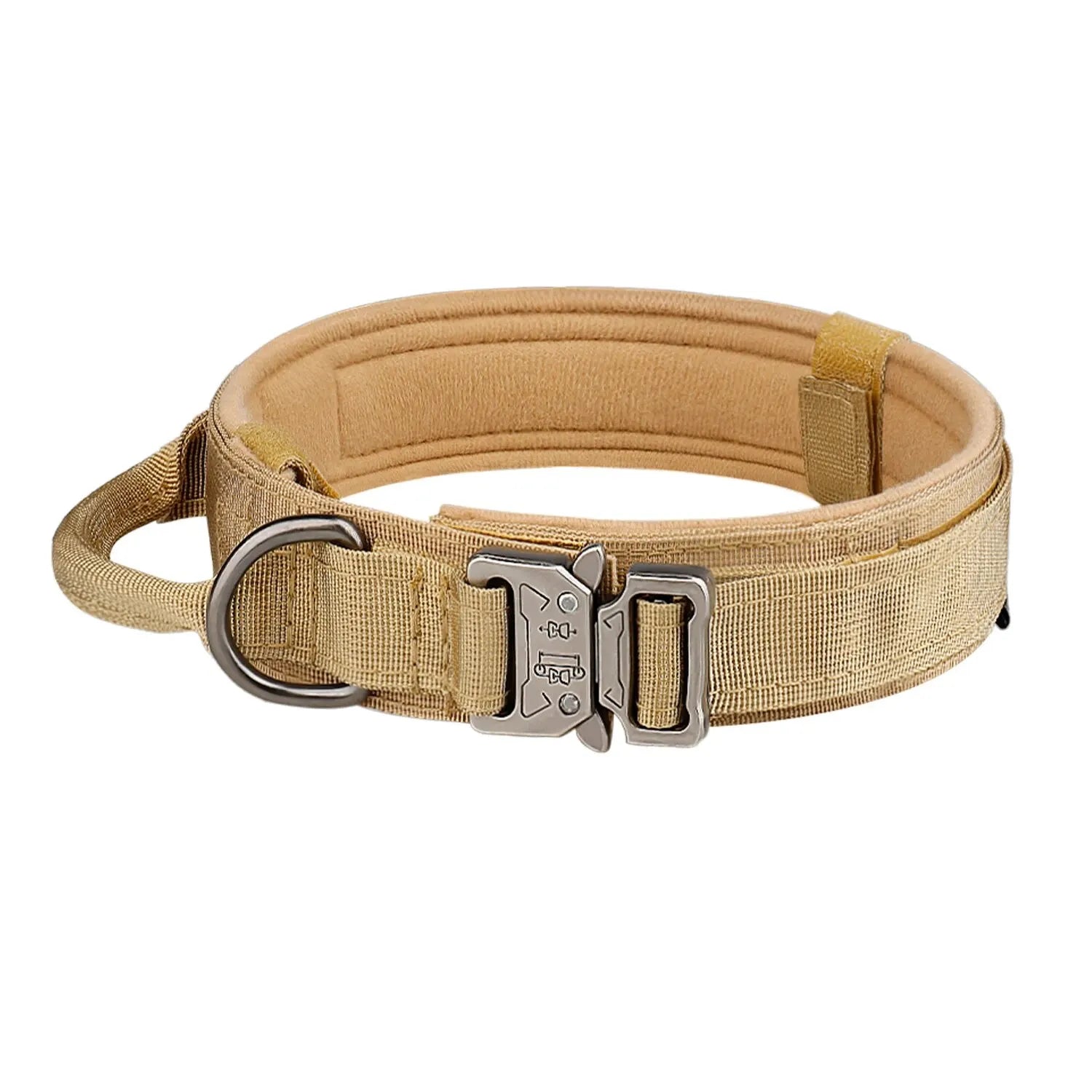 Heavy-duty tan nylon dog collar with metal buckle, handle, and D-ring for leash attachment