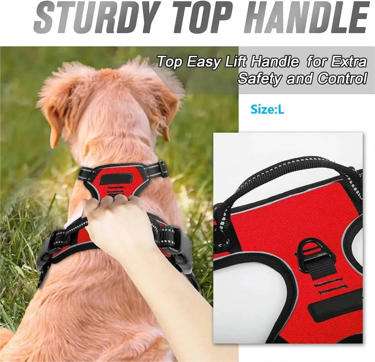 Red dog harness with sturdy top handle for safety and control, size large shown on a dog