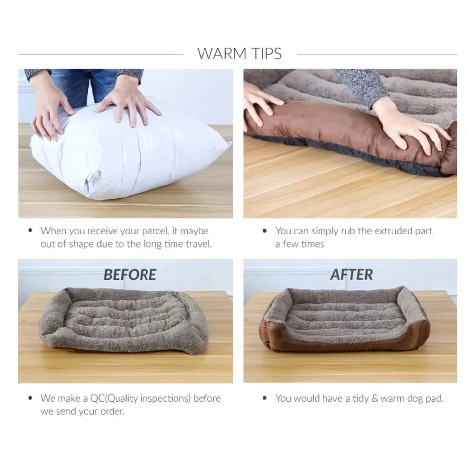 Dog bed unboxing and reshaping guide showing before and after puffing up a soft calming dog bed.