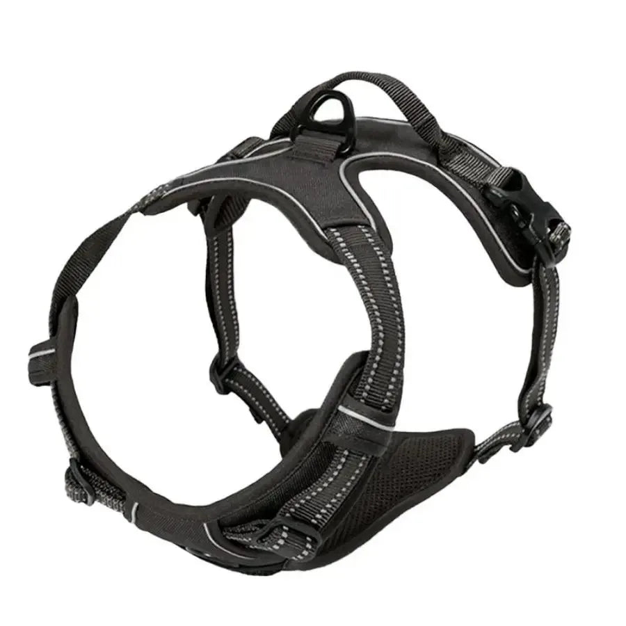 Black no-pull dog harness with adjustable straps and reflective stitching