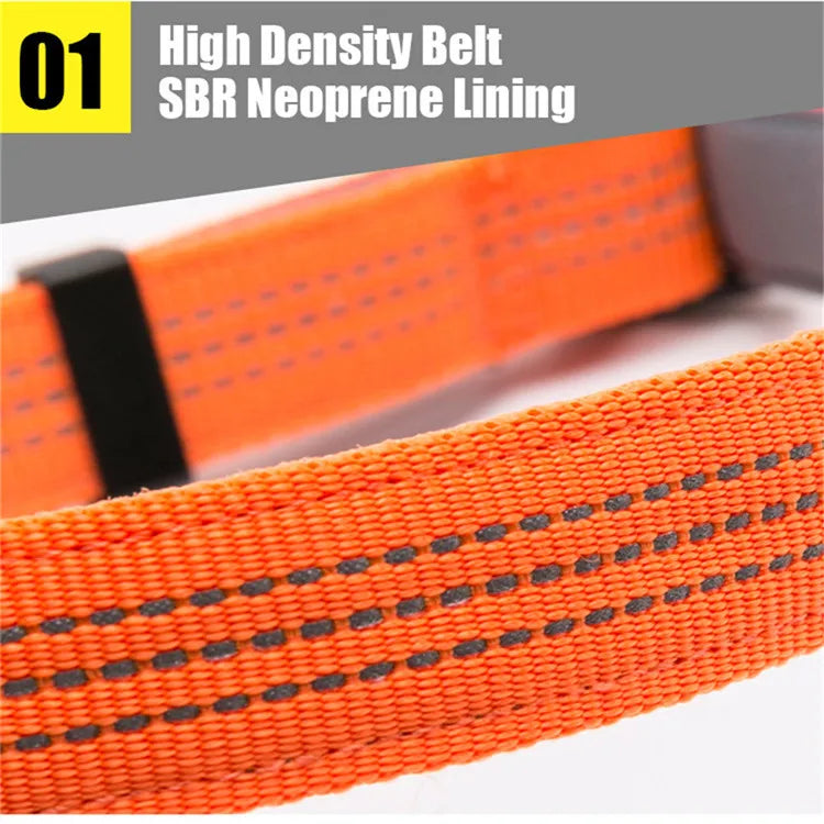 Close-up of orange high density dog collar with SBR neoprene lining and reflective stitching