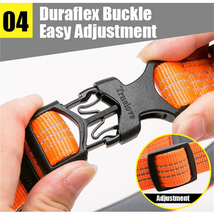 Orange adjustable dog collar with Duraflex buckle and reflective stitching detail