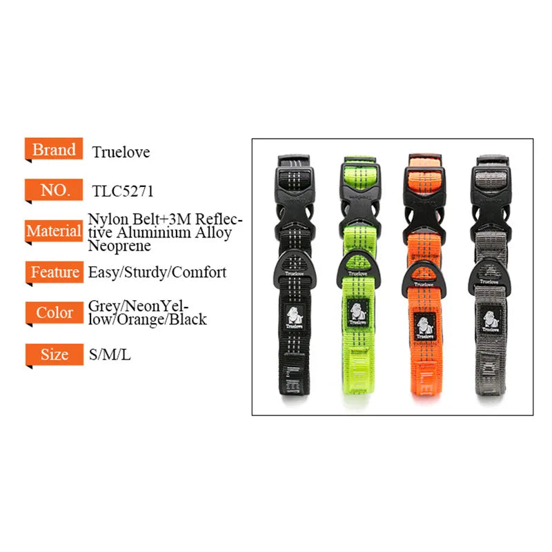Reflective nylon dog collars in black, neon yellow, orange, and grey with quick-release buckles.