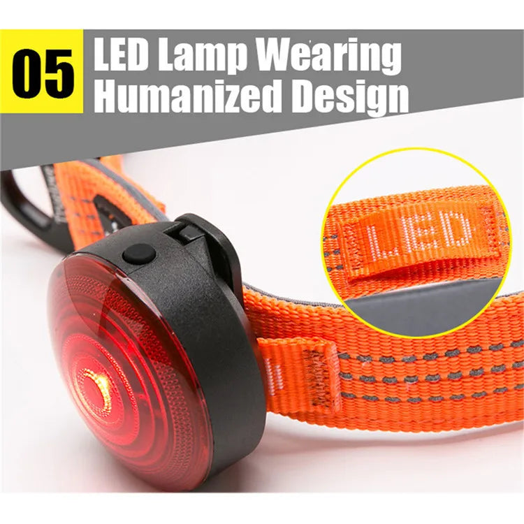 Orange dog collar with red LED safety light attachment and close-up of LED label.