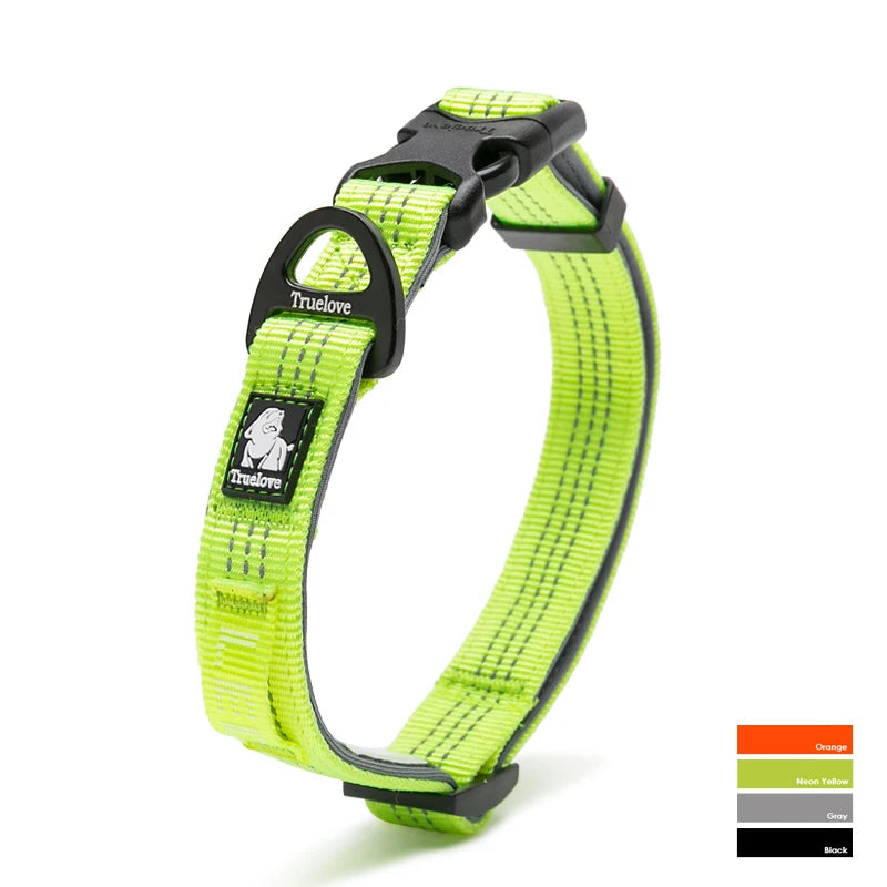 Neon yellow reflective adjustable dog collar with sturdy buckle and D-ring attachment.