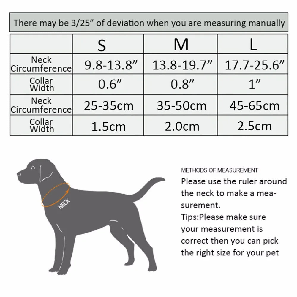Dog collar size chart in inches and centimeters with illustrated measurement guide for picking pet neck circumference.