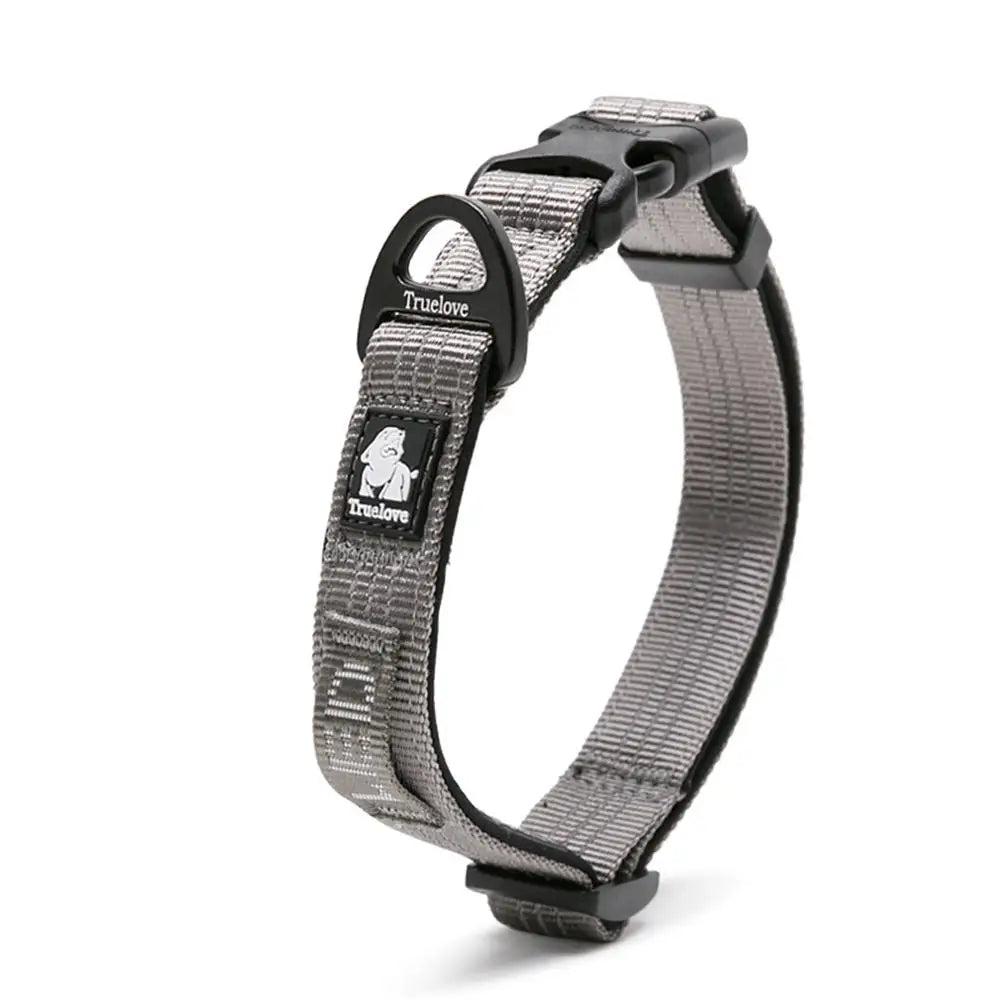 Adjustable grey dog collar with black buckle and metal D-ring, durable pet walking gear