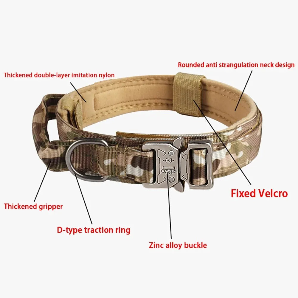 Camouflage dog collar with zinc alloy buckle, D-ring, thick nylon, and anti-choke design.
