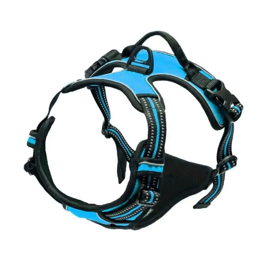 Adjustable blue and black dog harness with handle and quick-release buckles
