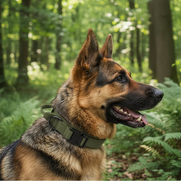 German Shepherd with green durable dog collar in a lush forest setting
