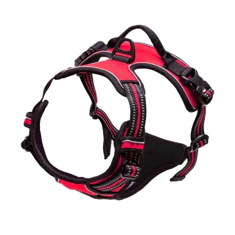 Red and black adjustable dog harness with padded handle and reflective stitching
