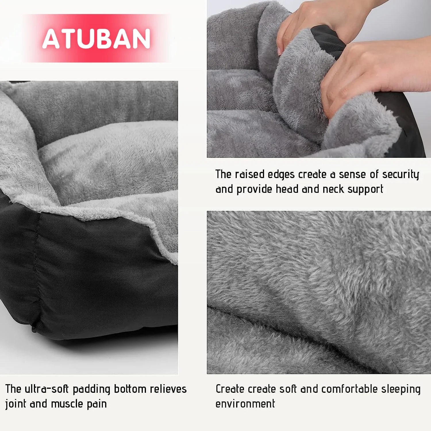 Gray calming dog bed with plush fabric, raised edges, and supportive padding shown in close-up.