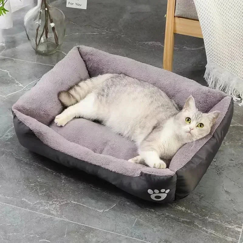 Gray cat lounging in a plush, rectangular pet bed with raised sides on a stone floor.