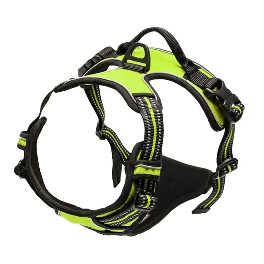 Reflective neon green dog harness with adjustable straps and padded chest support