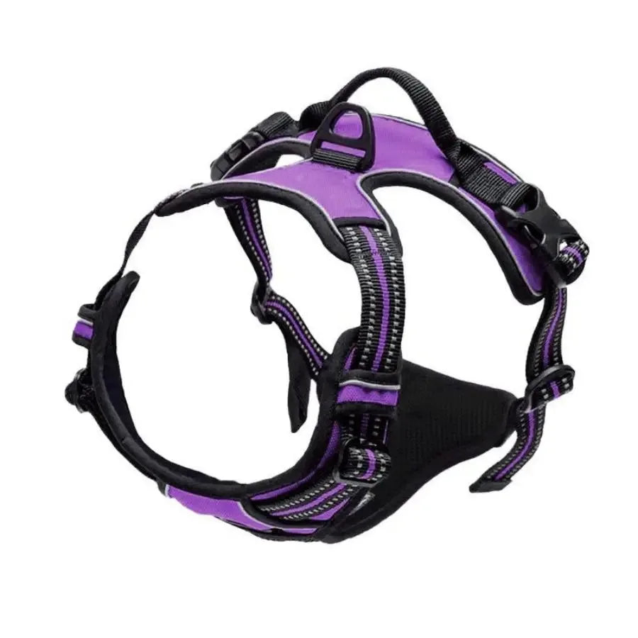 Adjustable purple and black no-pull dog harness with reflective stitching and handle