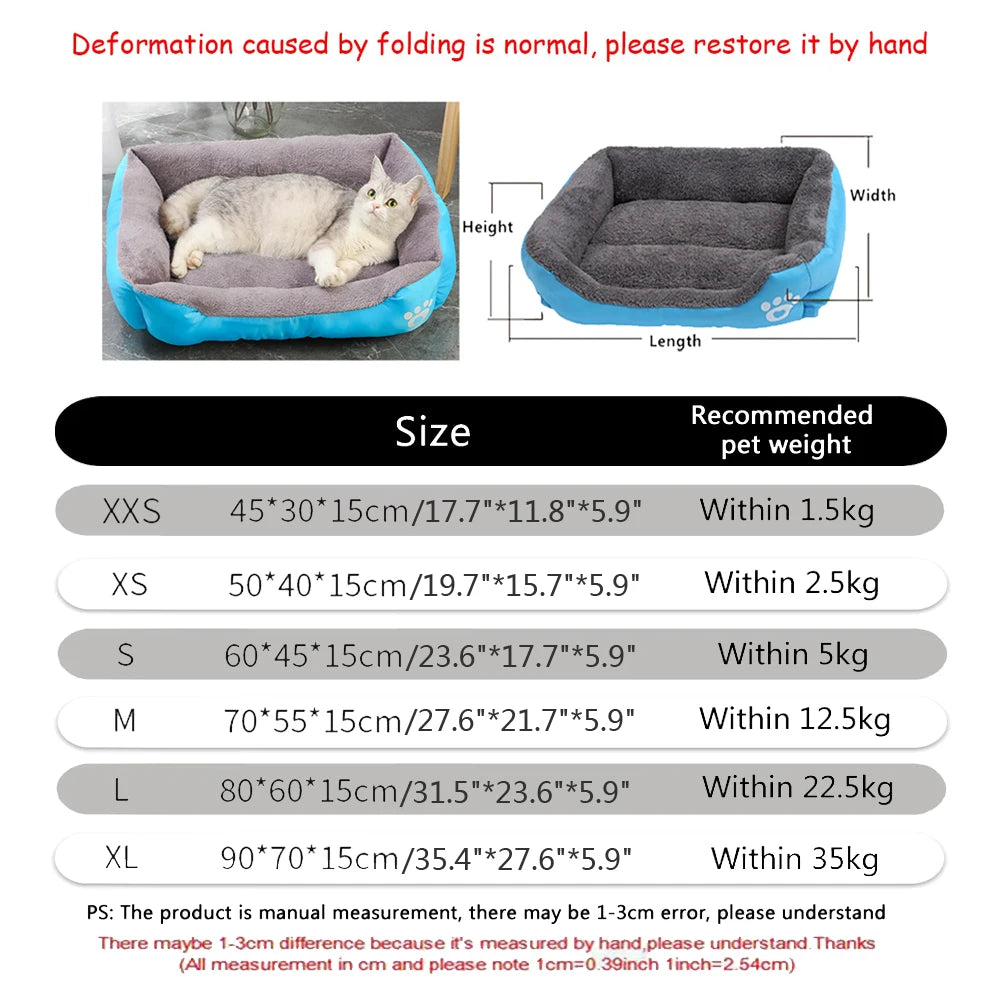 Gray cat resting in blue and gray calming pet bed with size chart for small to large pets.