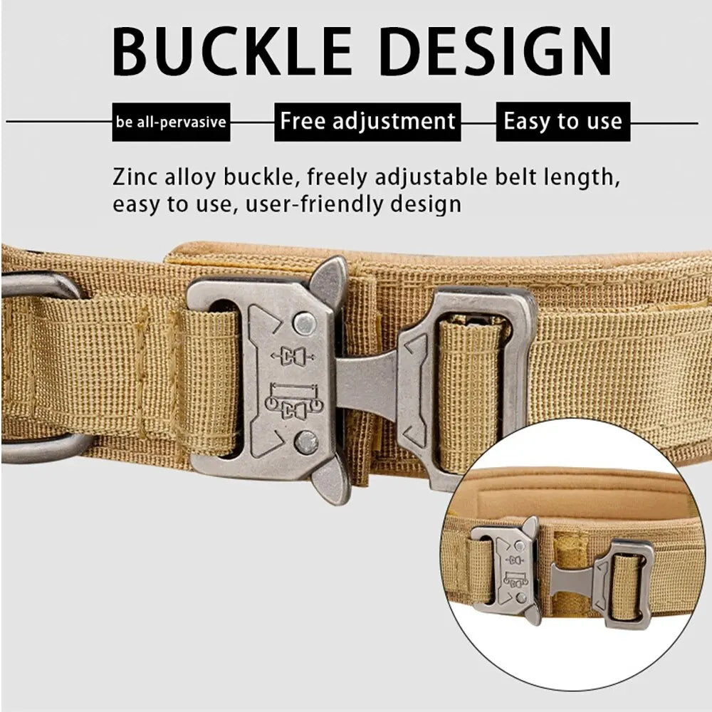 Adjustable tan dog collar with sturdy zinc alloy metal buckle, close-up detail view