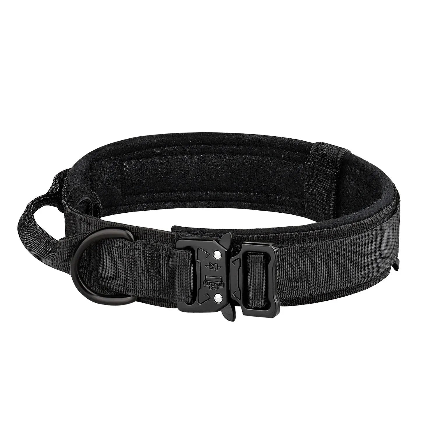 Black adjustable dog collar with secure buckle and metal D-ring on white background