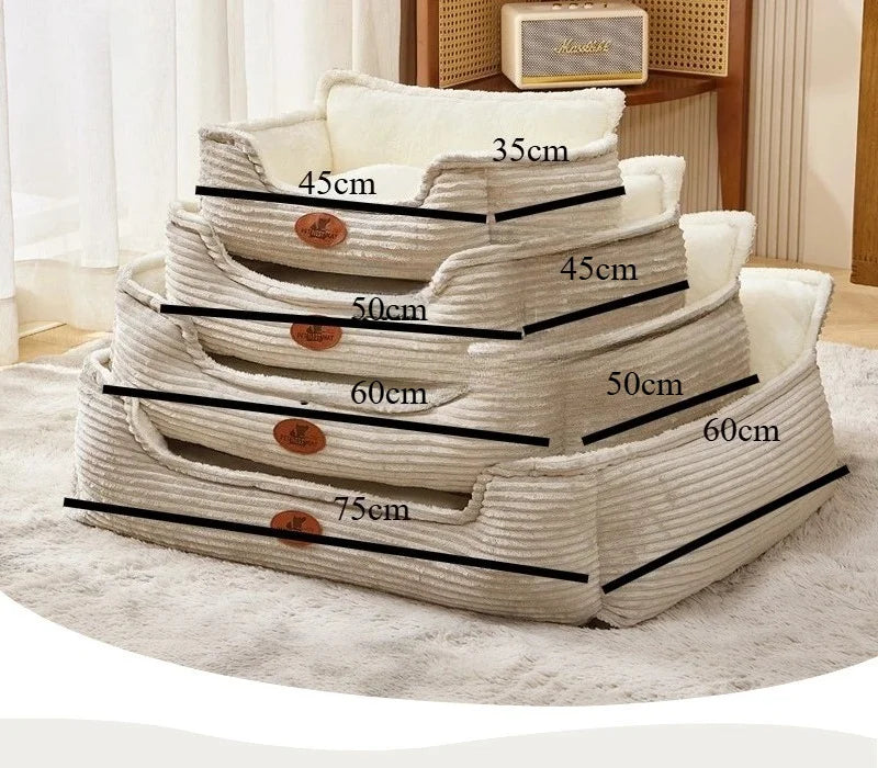 Stacked plush dog beds in cream color, shown in four sizes with labeled measurements.